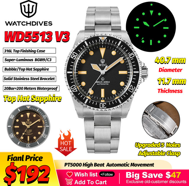 Watchdives Taucheruhr, Automatik, Edelstahl, 40 mm, Saphirglas, Schwarz, Unisex - Bild 1