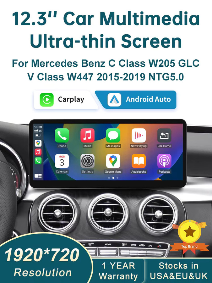 RoadTop Kabelloses CarPlay und Android Auto Multimedia Linux-Display für Mercedes-Benz C-Klasse W205 und GLC V W447 NTG 5.0, 12,3 Zoll, Schwarz - Bild 6