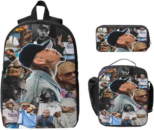 3-teiliges Schultaschen-Set von Fancy Style Studio mit Rucksack, Federmäppchen und Brotdose im Chris Brown Breezy Bowl XX Tour 2025 Design für Mädchen und Jungen, mehrfarbig - Bild 1