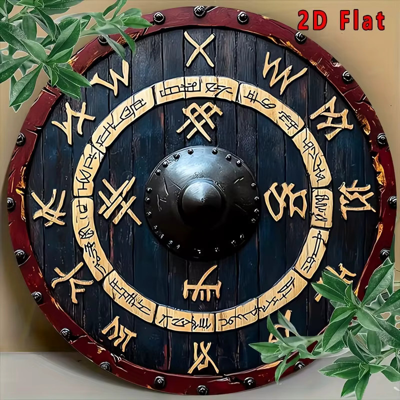 Reus Viking Rune Shield Metallwandkunst mit goldenen Runen, dunklem Holz und rotem Rand, Durchmesser: 20,32 cm - Bild 3