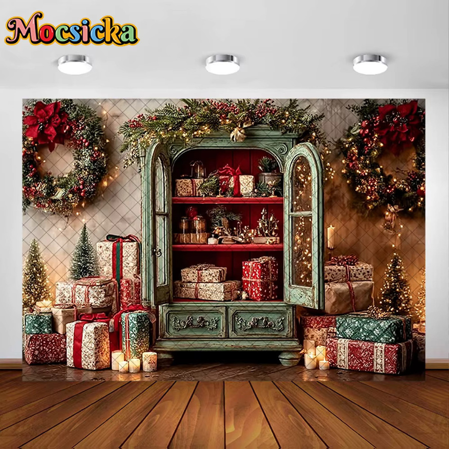 Mocsicka Fotohintergrund Weihnachten mit Weihnachtskranz und Dekoration in Multicolor für Porträtfotos und Studioaufnahmen - Bild 2