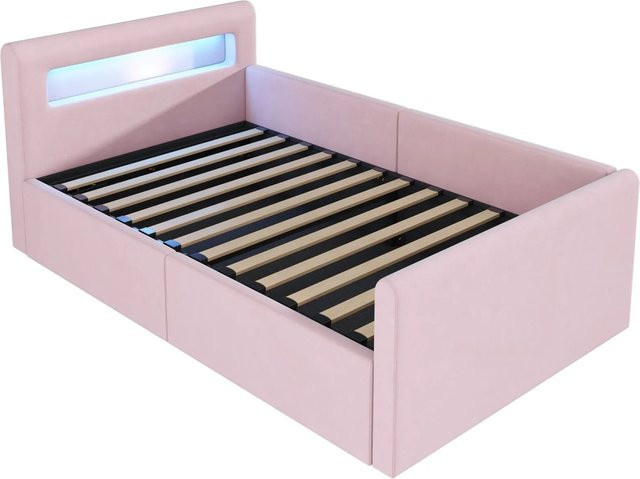 Merax Kinderbett mit Samtbezug in Rosa, inklusive LED-Unterbettbeleuchtung, USB-Anschluss und Lift-up-Stauraum, B/T/H: 90 x 200 x 97,5 cm - Bild 1