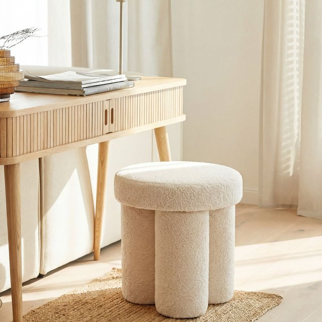 Runder Polsterhocker Finebuy aus Teddy-Stoff in Creme, Durchmesser: 40 cm - Bild 1