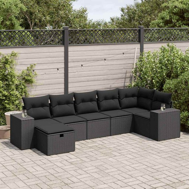 vidaXL 7-tlg. Garten-Sofagarnitur L-Form aus Polyrattan in Schwarz mit Kissen und Metallgestell - Bild 3