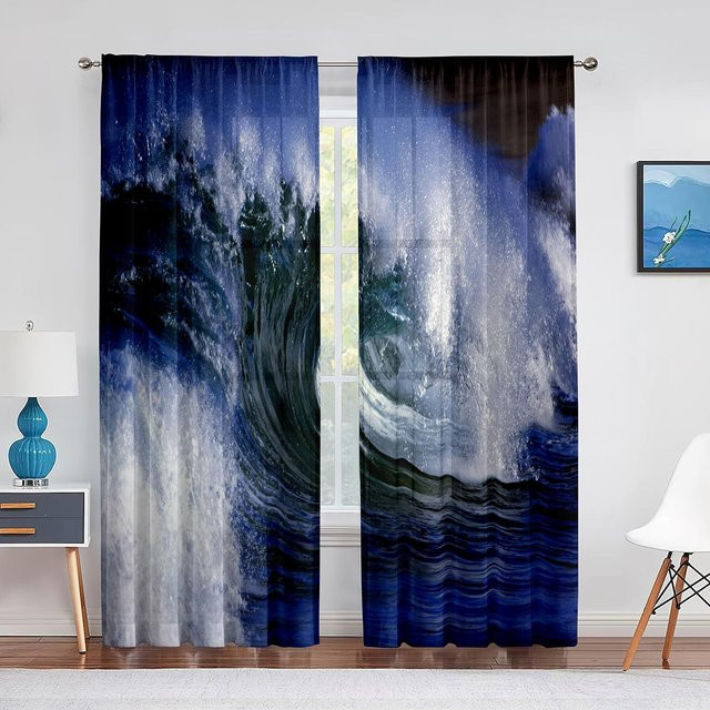 Super Six Transparenter Chiffon-Vorhang mit Ozean- und Wellen-Motiv in Blau, B: 250 cm, H: 250 cm - Bild 1