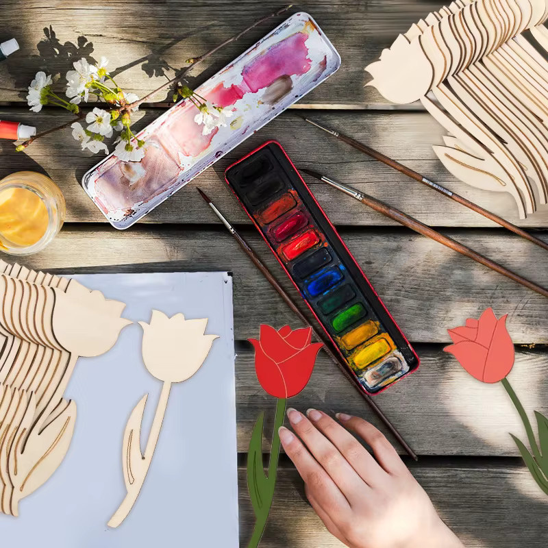 12 Stück ZQNYCY Holz Tulpen Ornamente zum Bemalen als DIY Bastelset für Kinder, Frühlings- und Osterdekoration, Multicolor - Bild 2