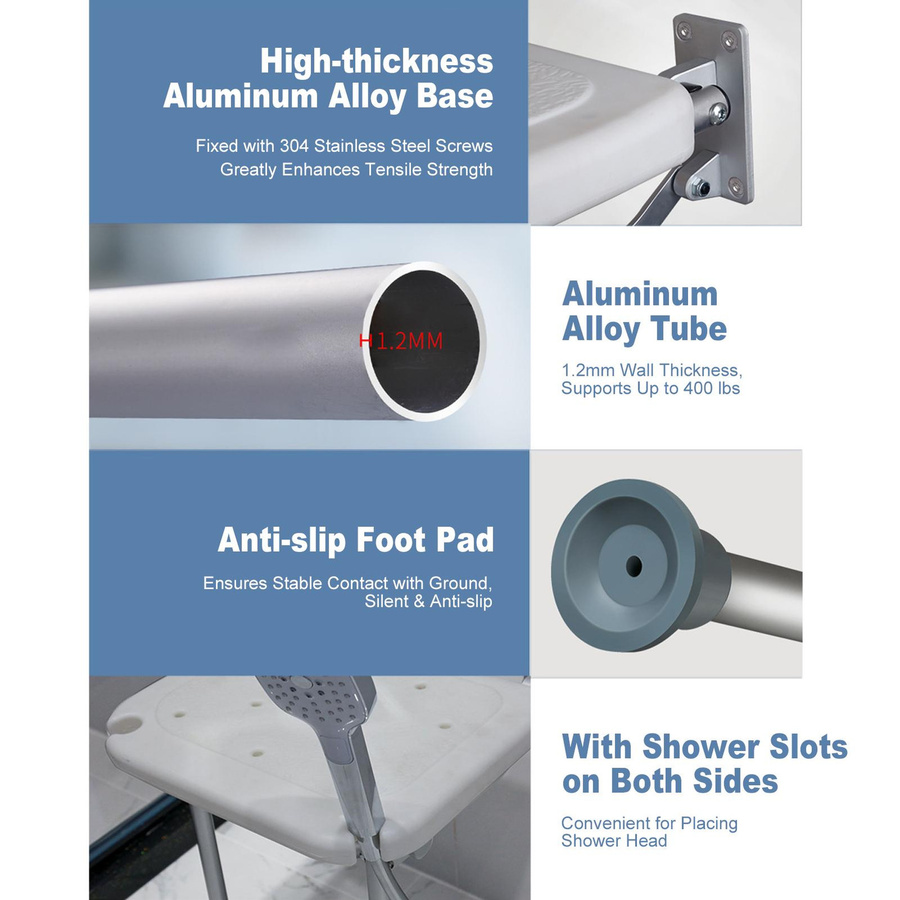 Aimo Klappbarer Duschsitz aus Aluminiumlegierung, Wandmontierter und Höhenverstellbarer Rutschfester Duschstuhl für Senioren und Schwangere - Bild 2