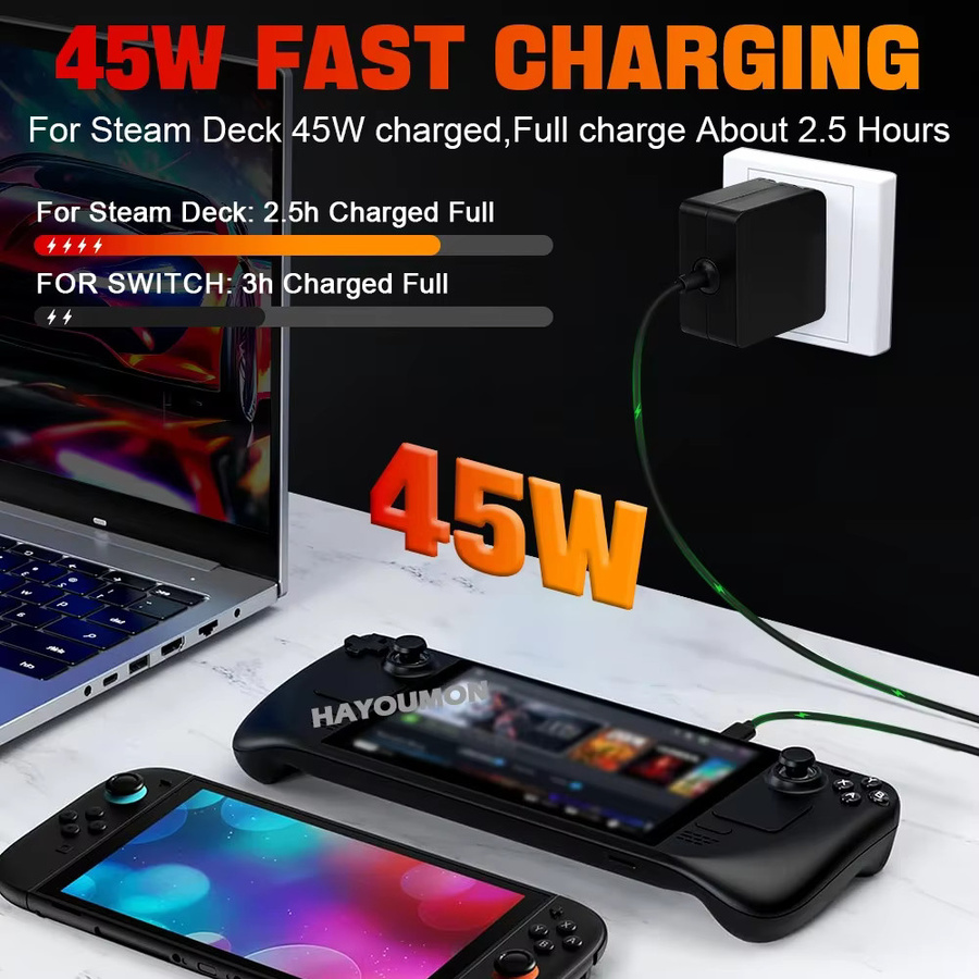 Pogopirate 45 W Schnellladegerät USB-C Netzteil mit PD-Protokoll für Steam Deck und Nintendo Switch, Schwarz - Bild 4