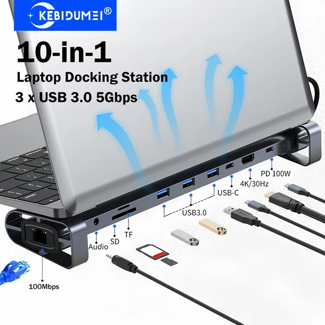 KEBIDUMEI 10-in-1 USB-C Dockingstation in Grau mit 4K HDMI, 100W PD, Ethernet und SD/TF Kartenleser - Bild 1