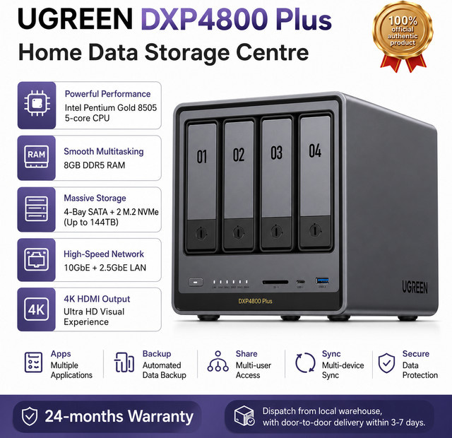 UGREEN DXP4800 Plus NAS-Speicherserver mit 8GB RAM, 4-Bay Intel N100 Prozessor, Dual 2.5GbE und M.2 NVMe SSD Cache für dein Cloud-Backup zu Hause und im Büro - Bild 1
