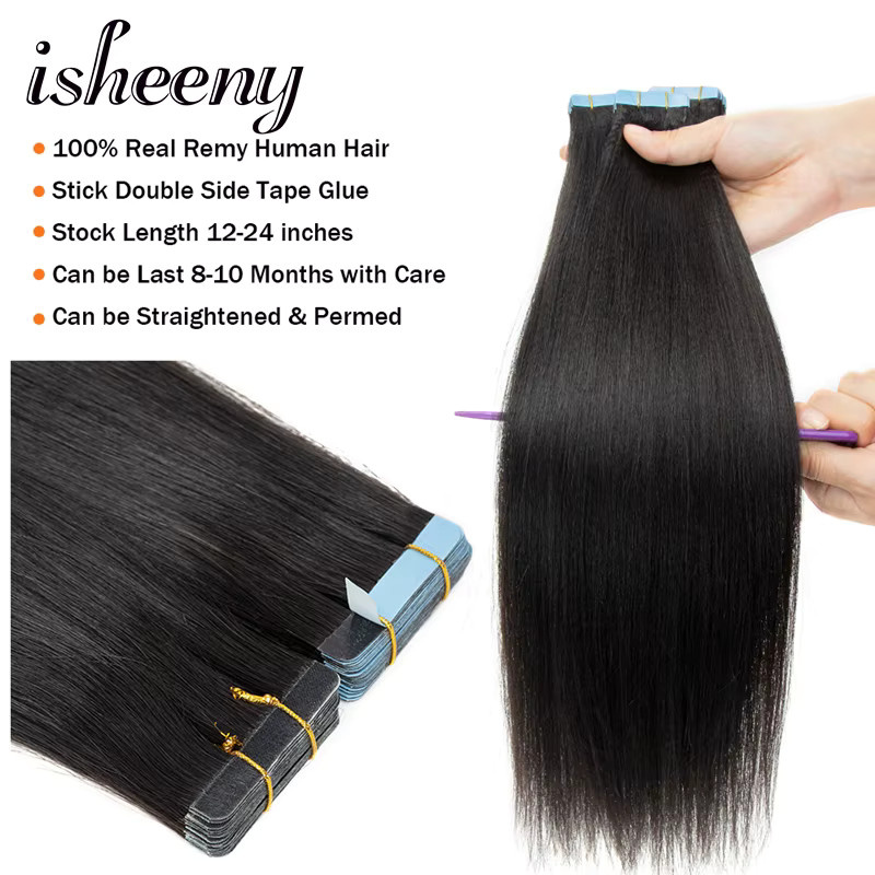 isheeny Tape-In Haarverlängerungen Yaki Straight, Natur Schwarz, Damen - Bild 4