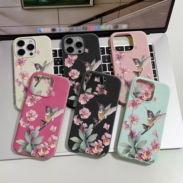 Handyhülle mit Kolibri-Orchideen-Druck im Vintage-Blumenmuster für Apple iPhone 11 bis iPhone 17 Pro Max, Mehrfarbig/Pink - Bild 1