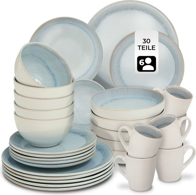 tectake Kombiservice Mare für 6 Personen aus Steingut in Grau und Beige, handgefertigt, stapelbar, spülmaschinenfest und mikrowellengeeignet, Durchmesser: 26,5 cm, Höhe: 2,5 cm - Bild 1