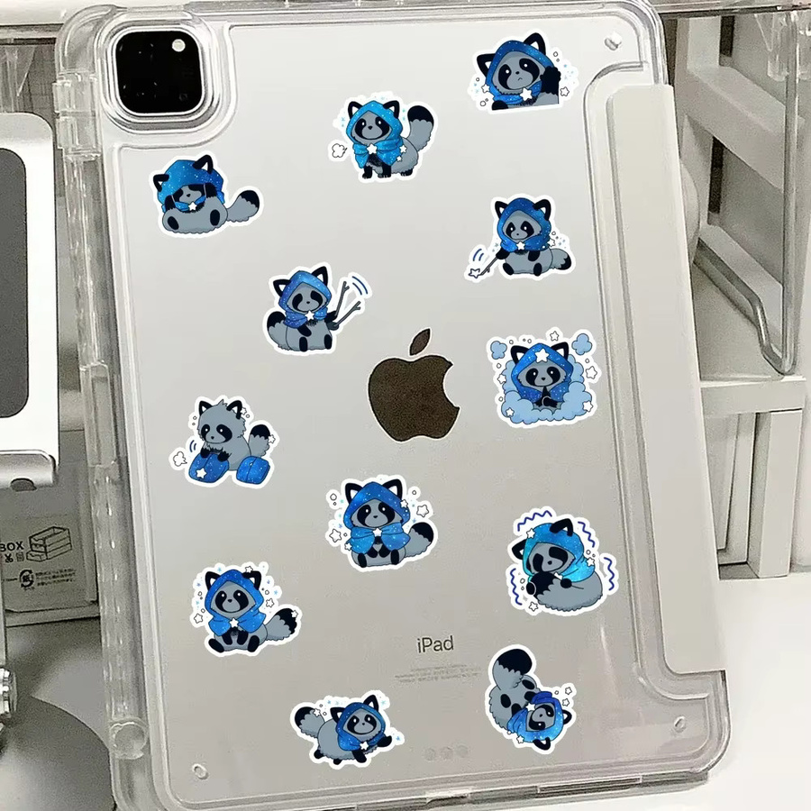 48 Stück Waschbär Aufkleber mit Sternenhimmel Motiv in Blau zur Dekoration von Notizbüchern und Koffern - Bild 5