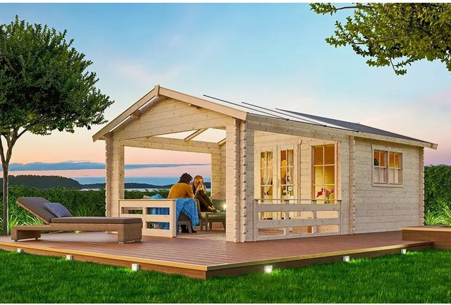 Skan Holz Gartenhaus Holmestrand in Natur und Beige mit Vordach und Dachpappe B/H/T: 420 x 278 x 650 cm - Bild 1