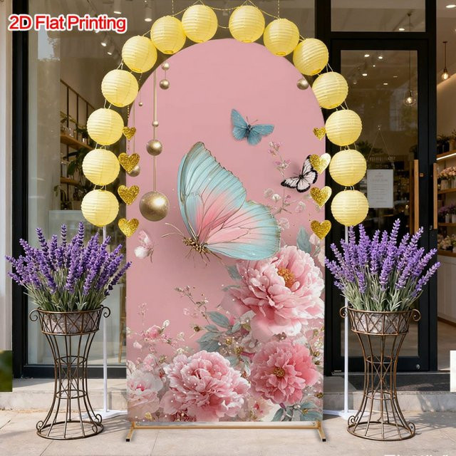 VIKAMA Hintergrundstoff mit Schmetterlings- und Blumenmuster in Pink für Hochzeits- und Geburtstags-Fotografie-Dekorationen - Bild 1