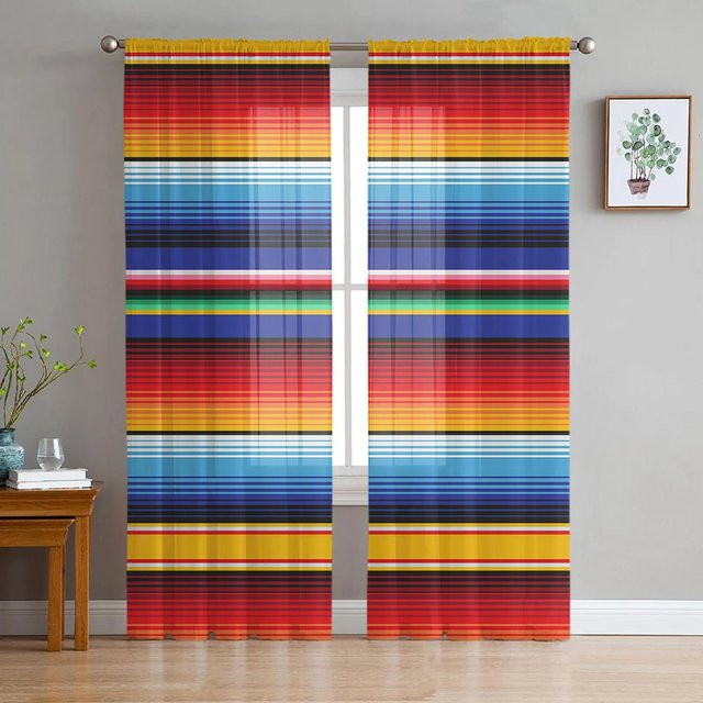 Yiran Furniture Transparenter Tüllvorhang mit Mexiko-Blumen und Vogel-Motiv in Bunt, Organza-Fensterdekoration mit Ösen, Breite: 135 cm, Höhe: 115 cm - Bild 1