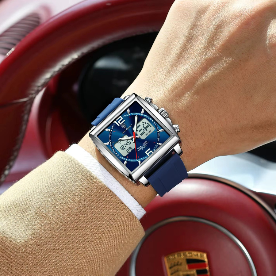 POEDAGAR Herren Armbanduhr, Quarz, Digitaluhr, eckig, Silber, Silikon - Bild 5