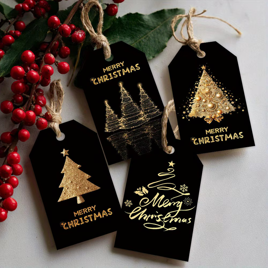 48 Stück Weihnachtsgeschenkanhänger in Schwarz und Gold mit Baumdesign und Hanfseil aus Papier - Bild 5
