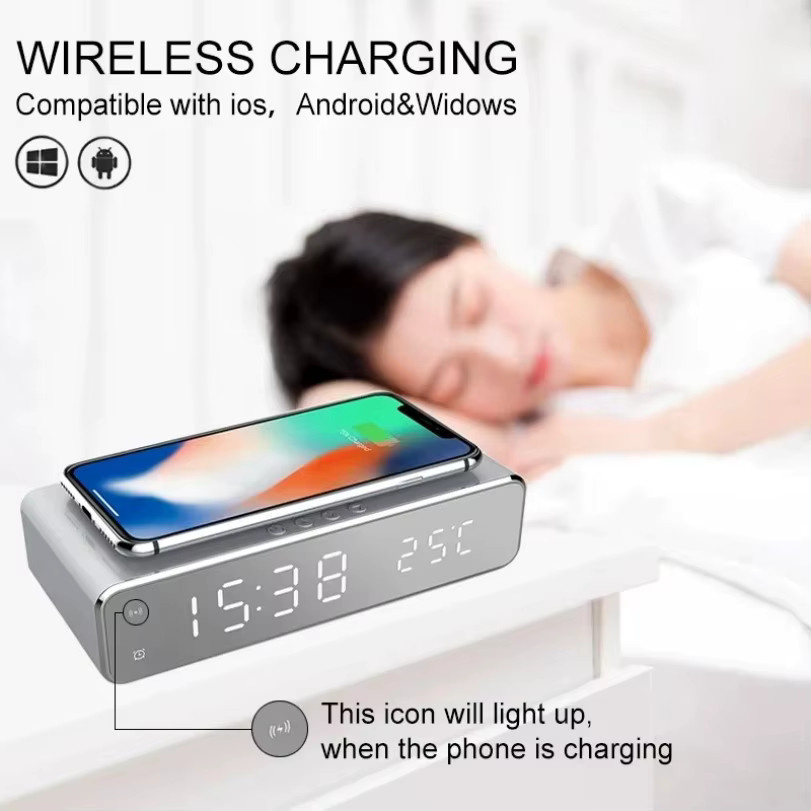 VIKEFON Kabelloses Desktop-Ladegerät mit Wecker, LED-Digitalthermometer und Schnellladestation für iPhone und Samsung, Schwarz - Bild 5