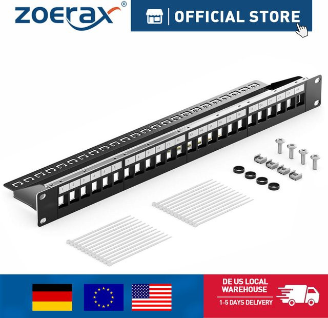 ZoeRax 24-Port RJ45 Abgeschirmtes Patch-Panel in Schwarz für 19 Zoll Netzwerke mit Ethernet-Anschluss, Kabelmanagement und Stützleiste - Bild 1
