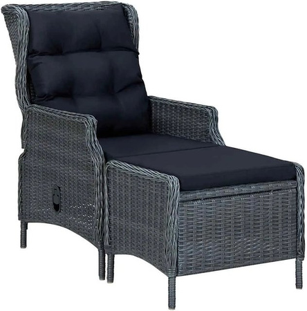 Furnicato Gartensessel mit Fußhocker aus PE-Rattan in Grau mit verstellbarer Rückenlehne und Polsterung