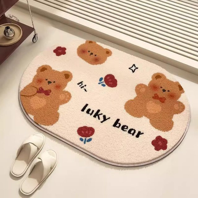 Beige Badezimmer Bodenmatte mit Cartoon Bär Motiv, rutschfeste und saugfähige Fußmatte aus Kaschmir-Imitation, B/B: 40 x 60 cm - Bild 1