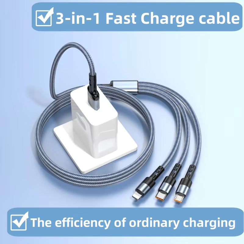 Setolgh 3-in-1 USB-Schnellladekabel mit USB-C, Micro-USB und Lightning in Grau aus Nylon-Geflecht - Bild 3
