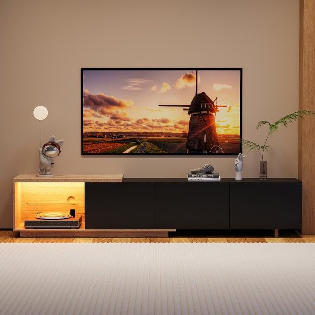 Rosahqnda Ausziehbarer TV-Ständer mit LED-Beleuchtung, 3 Schubladen und offenen Regalen, Weiß-Schwarz - Bild 1