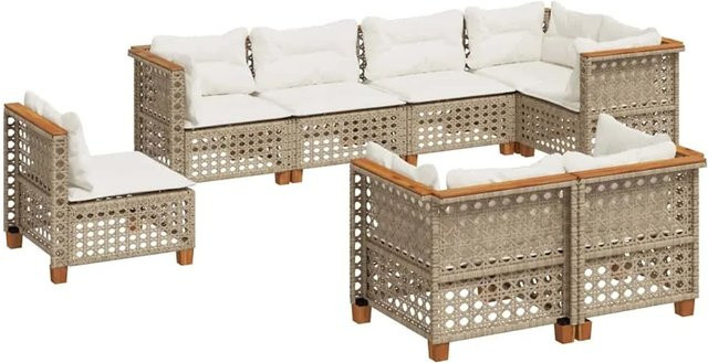 vidaXL 8-teilige Garten-Sofagarnitur in L-Form aus Poly-Rattan und Akazienholz mit Kissen in Beige und Cremeweiß - Bild 1
