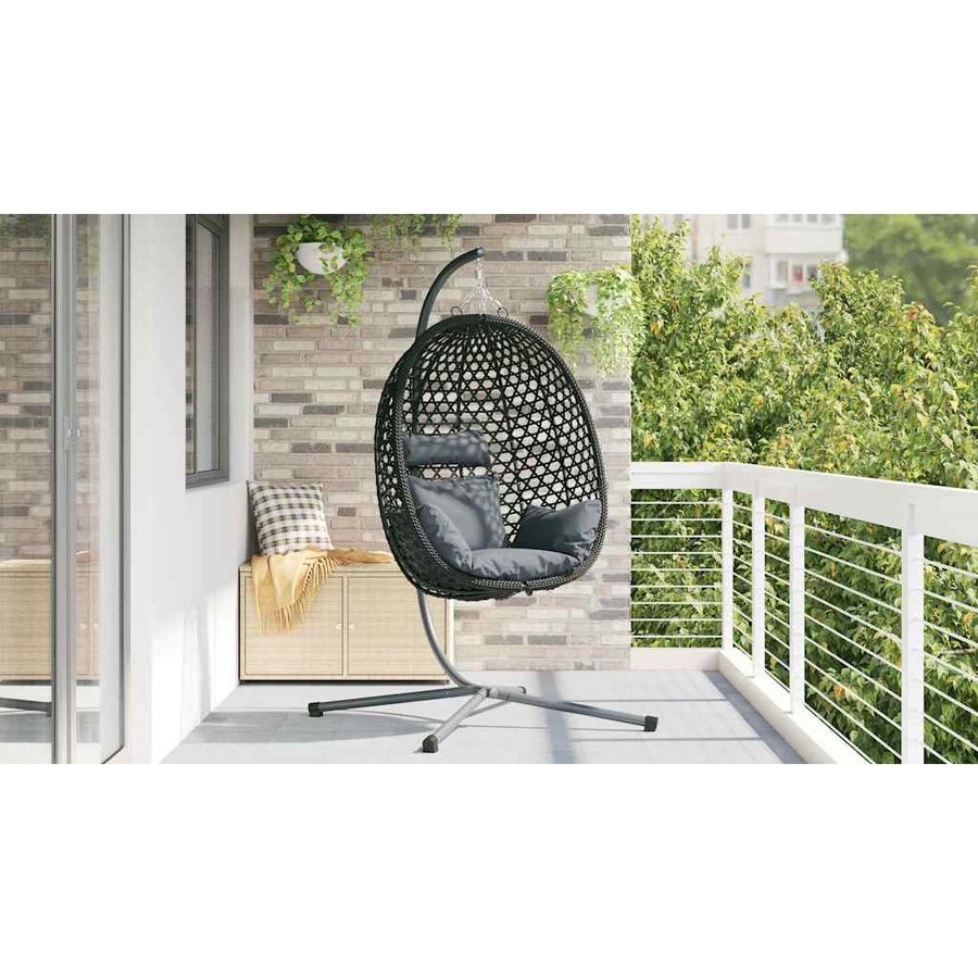 vidaXL Hängesessel Eierstuhl mit Ständer und Kissen in Anthrazit und Schwarz aus Poly Rattan, B/T/H: 104 x 100 x 191 cm - Bild 3