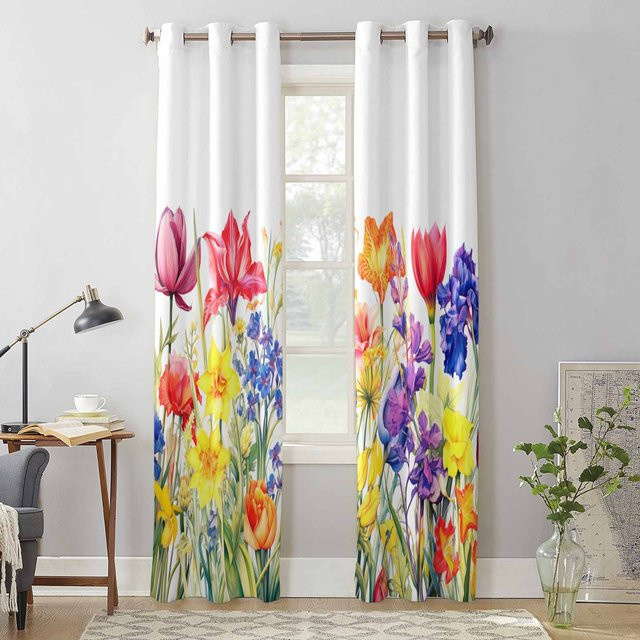 Super Six Aquarell Fenstervorhänge mit Frühlingsblumen-Design, halbtransparent, Mehrfarbig, B: 70 cm x H: 100 cm, 2er-Set - Bild 1