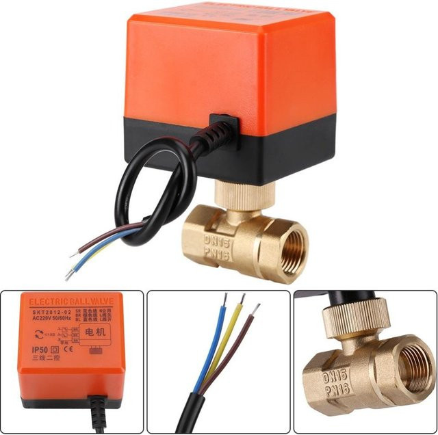 Elektrischer Kugelhahn aus Messing mit Stellantrieb, 2-Wege, 3-Draht, AC 220 V, DN15, Farbe: Orange - Bild 1