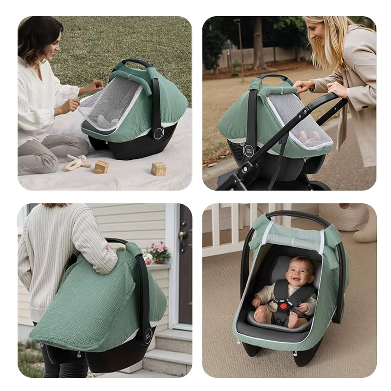 Ardo Baby-Kinderwagenkorb mit Moskitonetz und Sonnenschutz aus Baumwolle in Beige und Grün - Bild 2