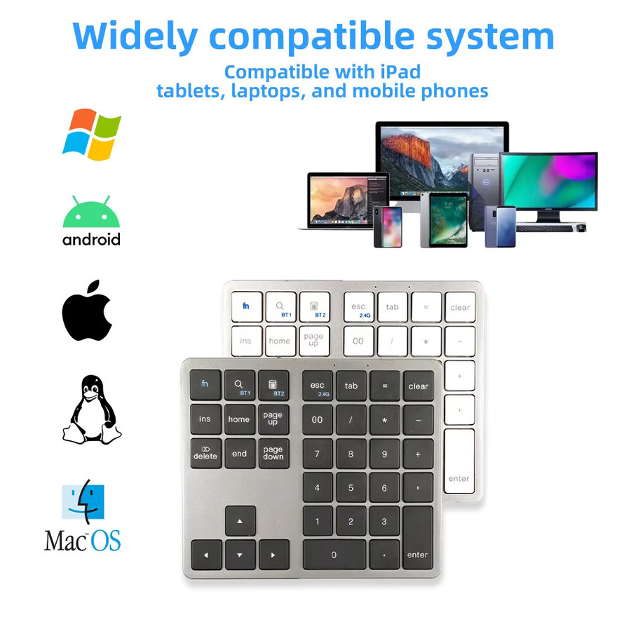 Qukam K35 Digitale Numerische Tastatur mit Dual Bluetooth und 2,4 GHz Funk, Wiederaufladbares Numpad in Schwarz für iOS, Android und Windows - Bild 2