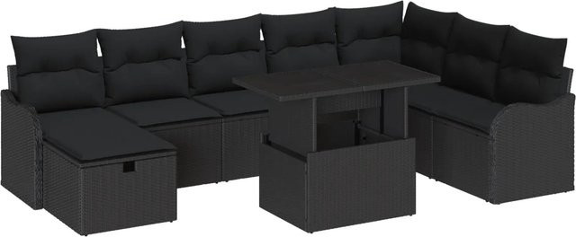 vidaXL Garten-Sofa-Set aus Poly Rattan in Schwarz mit 9 Teilen und Kissen - Bild 1