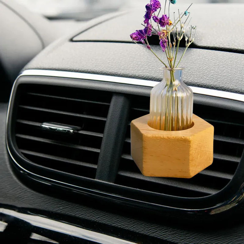Tooarts Hydroponische Auto-Blumenvase aus Holz und Glas in Braun, minimalistische Dekovase für die Mittelkonsole - Bild 1