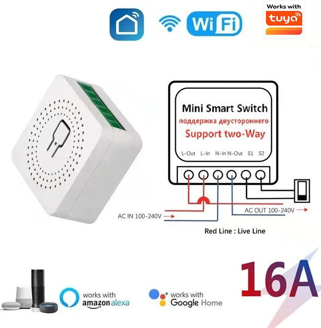 16A Mini Smart Switch WLAN Lichtschalter-Modul in Weiß mit 2-Wege-Steuerung, kompatibel mit Tuya App, Alexa und Google Home - Bild 1