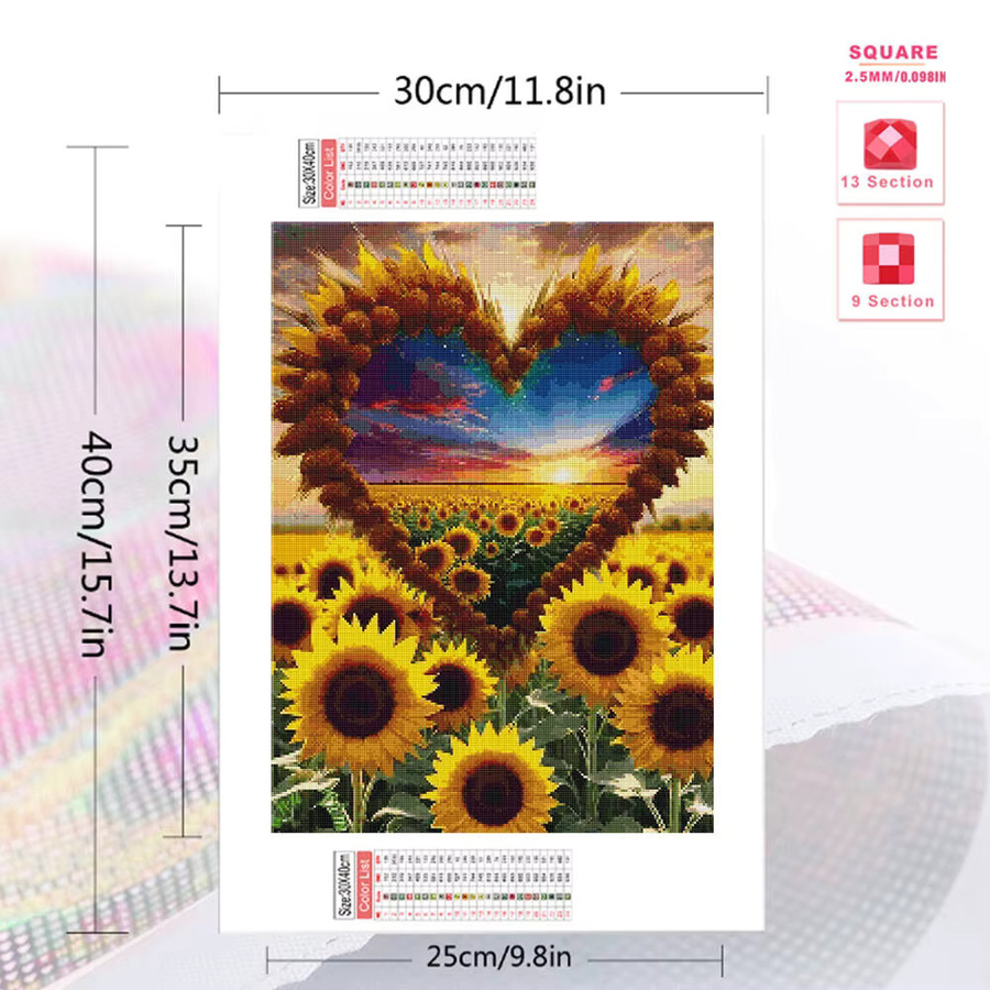 EverShine Diamantmalerei Wanddeko mit Herz, Sonnenblumen und Sonnenuntergang, Rund, Mehrfarbig, Durchmesser: 30 cm - Bild 2