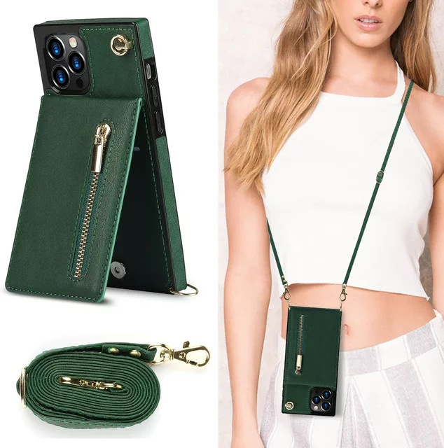 szHAIyu Umhängetasche aus Leder mit Kartenhalter und Lanyard für iPhone 11 bis iPhone 16 Plus in Schwarz und Grün - Bild 1