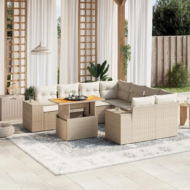 vidaXL 9-tlg. Garten-Sofagarnitur in L-Form aus Poly-Rattan und Akazienholz mit Kissen, Beige/Cremeweiß - Bild 1