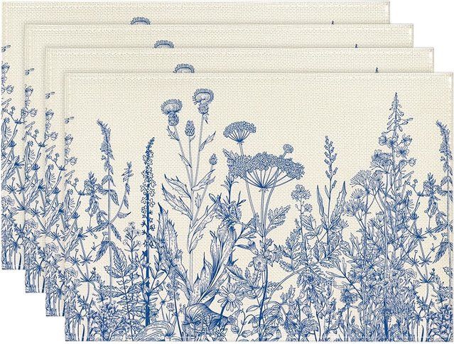 VIKAMA Mori Tischsets mit blauem und weißem Löwenzahn-Distel-Muster im skandinavischen Stil - Bild 1