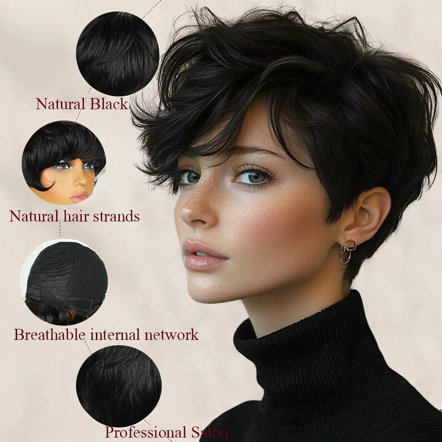 OYM HAIR Pixie-Schnitt-Perücke, kurzes Remy-Echthaar mit Pony, Schwarz - Bild 3