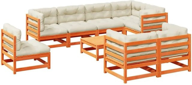 vidaXL 9-tlg Garten-Sofagarnitur aus Wachsbraunem Kiefernholz mit Kissen in L-Form für Terrasse und Garten - Bild 1