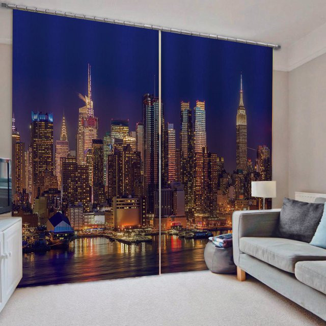 Verdunkelungsvorhangpaneele New York City Nachtansicht mit Neon-Stadtlandschaft Motiv, 2er-Set, Mehrfarbig, B: 87 cm, H: 214 cm - Bild 1