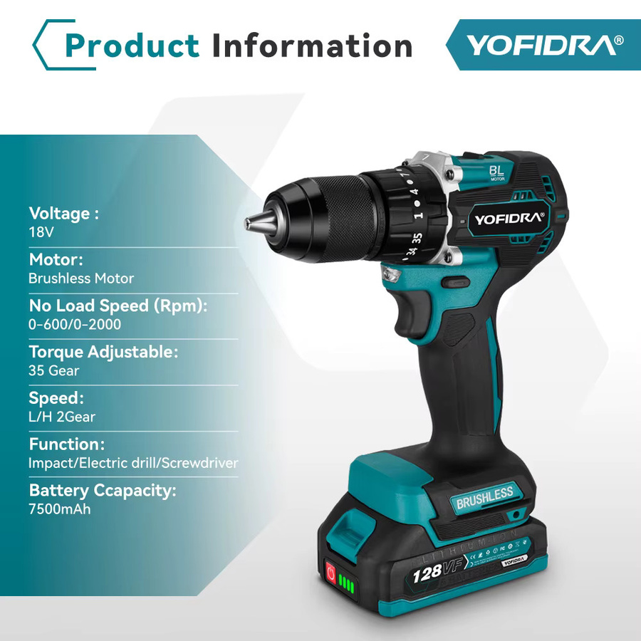 YOFIDRA Bürstenloser Akku-Schlagbohrschrauber mit 35 + 3 Drehmomentstufen kompatibel mit Makita LXT 18V Akkus - Bild 6