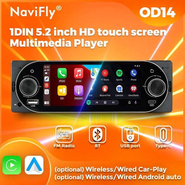 NaviFly 1Din MP5 Autoradio mit 5,2 Zoll HD Touchscreen, kabelloses CarPlay, Android Auto, GPS und Bluetooth in Schwarz - Bild 1