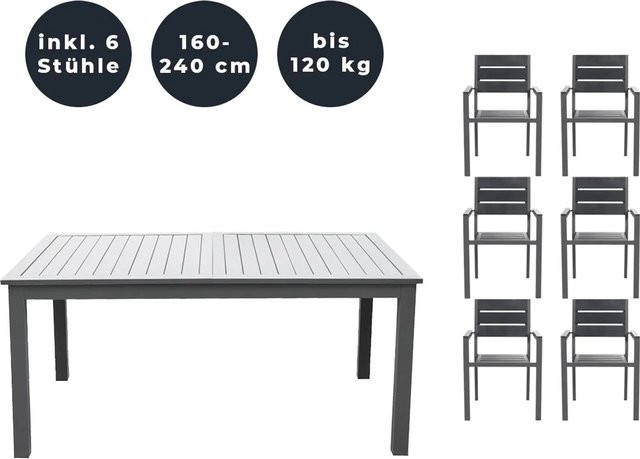 Home Deluxe Garten-Sitzgruppe Casa Madera aus Holz und Aluminium, 6-teilig, ausziehbar, Anthrazit/Grau, Tisch B: 160 bis 240 cm, T: 100 cm, H: 74 cm - Bild 2