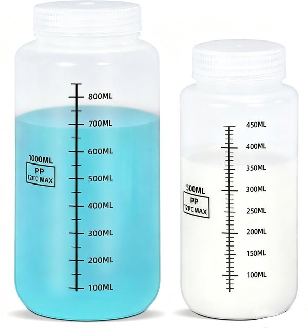 Set mit 2 transparenten Weithals-Kunststoffflaschen aus PP mit Schraubdeckel für Wasser und Saft, 500 ml und 1000 ml - Bild 1