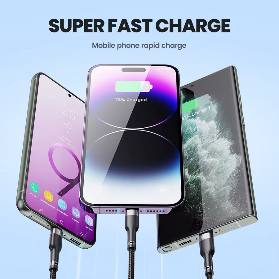 Toocki 3 in 1 Schnellladekabel mit USB-C und Micro-USB für Xiaomi, Poco, Redmi, Huawei und iPhone, 100W PD, Grau/Schwarz - Bild 6